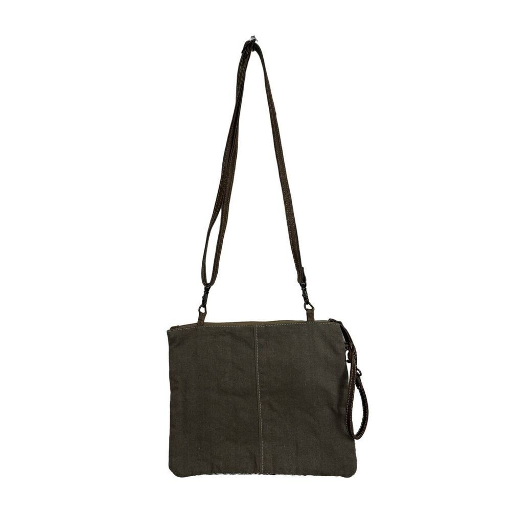 Myra Beige Black Zip Cow Hair Leather Boho Western Crossbody Purse Bag - Picture 2 of 7